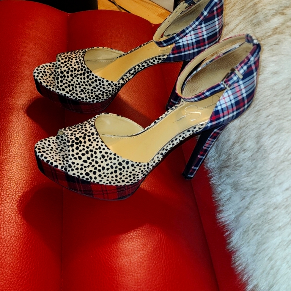 Jessica Simpson Beeya heel, plaid and leopard, sz 11
